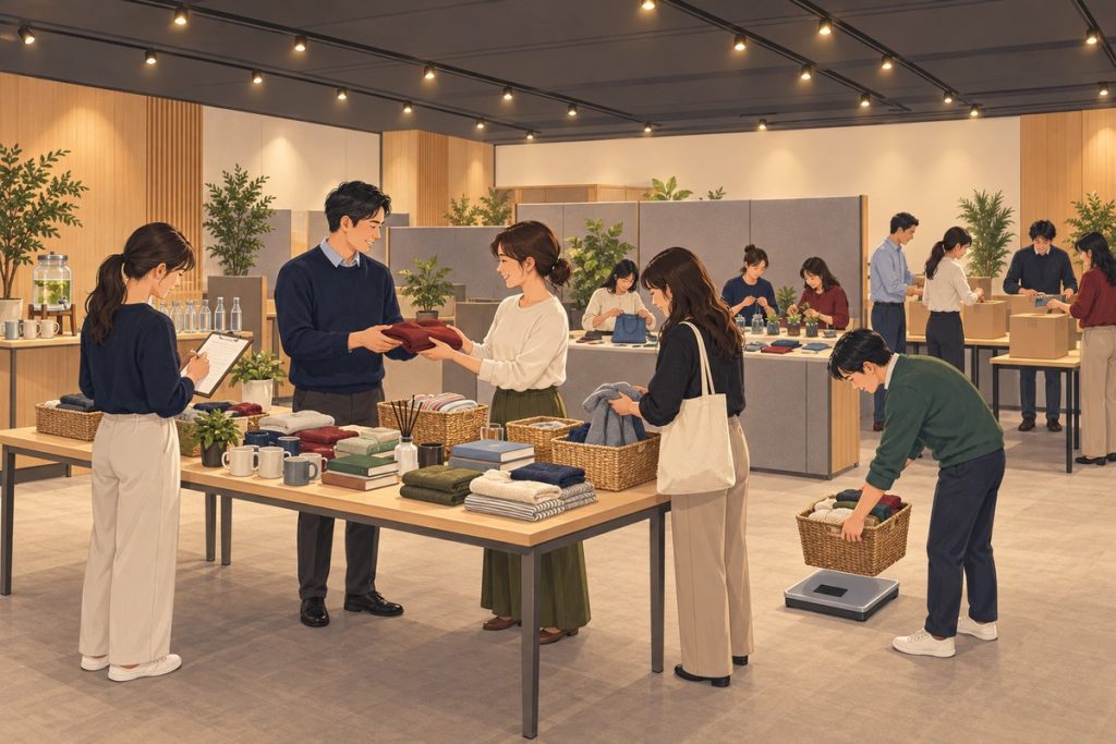 地下樓層的活動場地用隔間分區，前方同事在長桌交換二手衣物與用品並秤重記錄，後方另一區在做再生手作與分裝物資