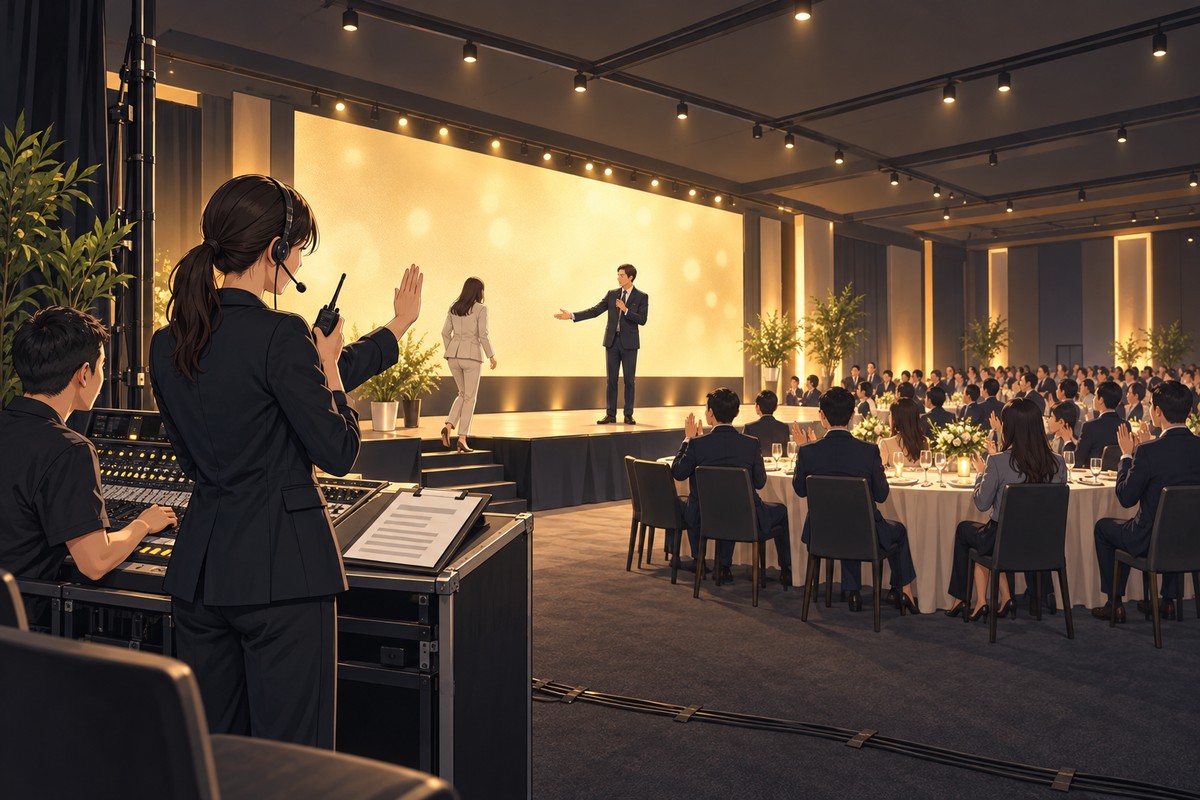 場控在舞台側邊拿對講機，向台上打手勢