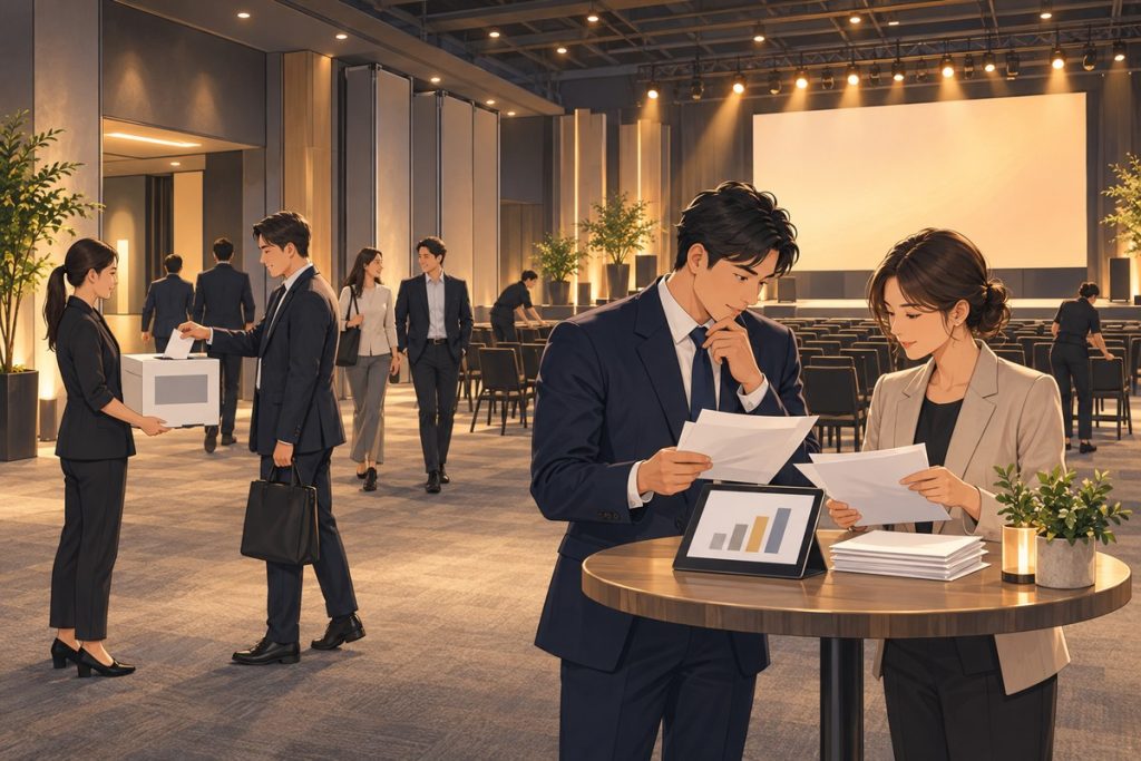 活動散場時回收滿意度問卷的插畫：沒有窗戶的地下樓層活動場地裡，來賓把填好的問卷投進工作人員手上的回收箱，前景的主辦人和同事站在高腳桌旁翻看一疊收回的問卷，桌上的平板顯示幾根高低不同的長條
