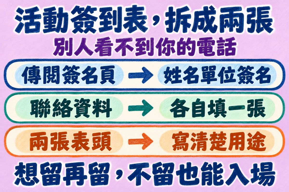 活動簽到拆成兩張:傳閱簽名頁與各自填寫的聯絡資料