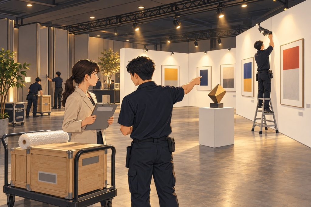 室內展覽佈展中的插畫：沒有窗戶的地下樓層場地裡，幾面可移動的白色展牆圍成展區，牆上掛著幾幅畫框，一位工作人員站在矮梯上調整投射燈，前景的主辦人拿著板夾和場地人員沿著牆面討論，旁邊的推車上放著木箱