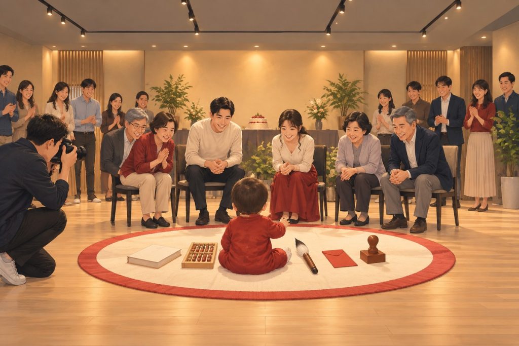 長輩坐成半圈，看寶寶在墊子上抓周