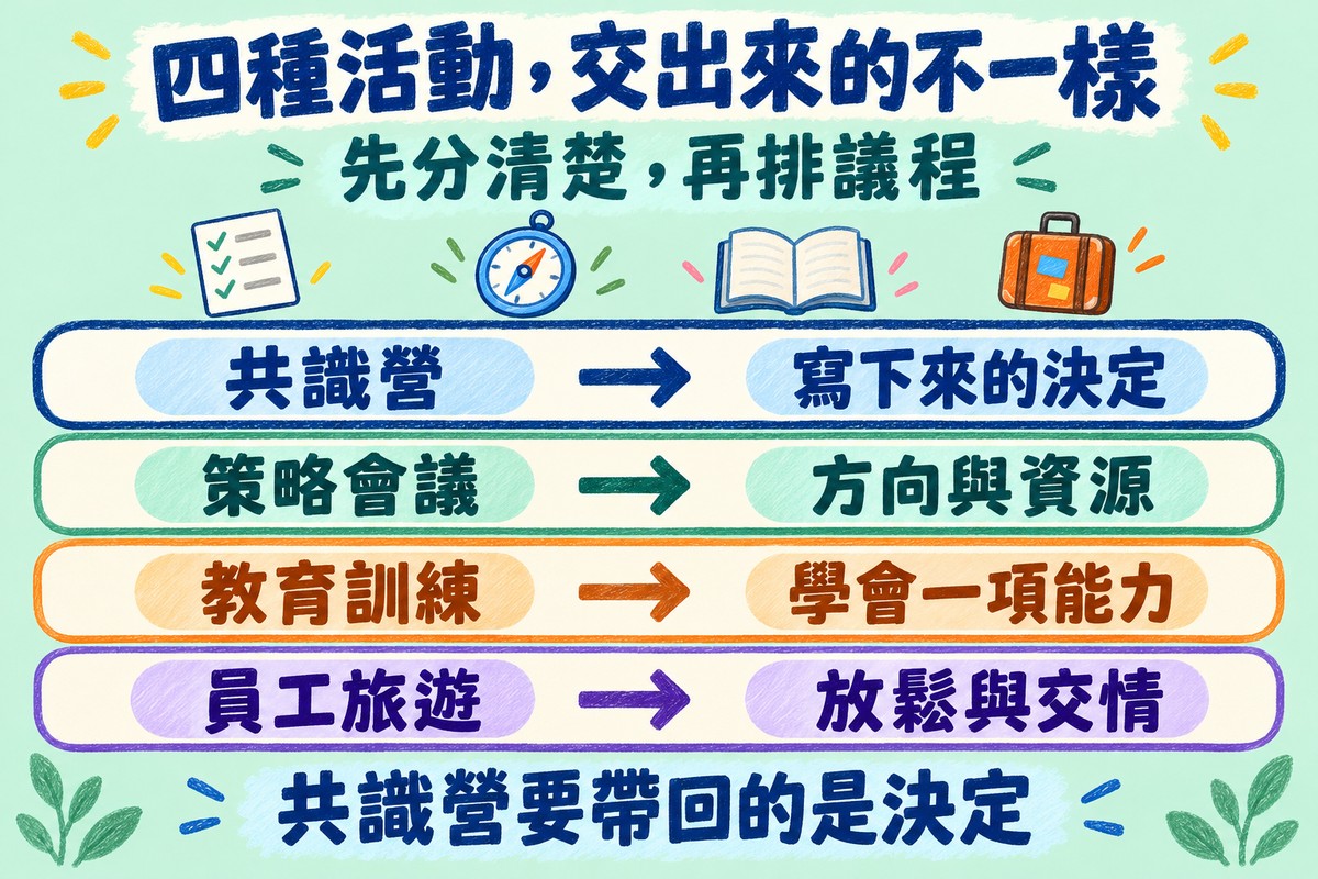 四種活動交出來的不一樣的四列對照圖:共識營對應寫下來的決定,策略會議對應方向與資源,教育訓練對應學會一項能力,員工旅遊對應放鬆與交情;上方寫先分清楚,再排議程,並畫了清單、指南針、書與行李箱四個小圖,下方寫共識營要帶回的是決定