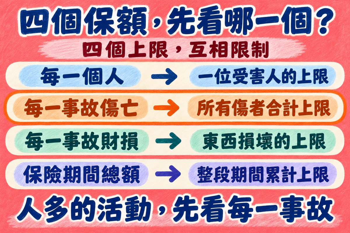 四個保額,先看哪一個的四列對照圖:每一個人對應一位受害人的上限,每一事故傷亡對應所有傷者合計上限,每一事故財損對應東西損壞的上限,保險期間總額對應整段期間累計上限;上方寫四個上限,互相限制,下方寫人多的活動,先看每一事故