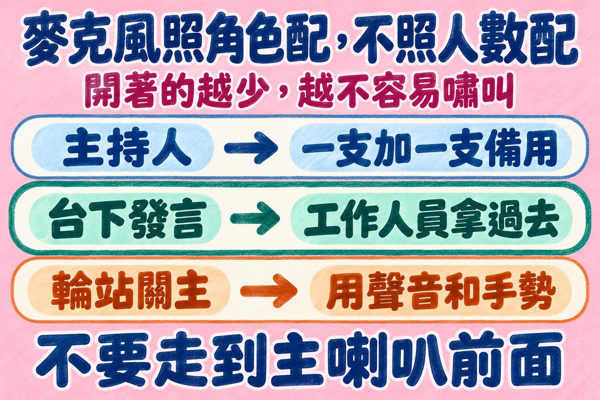 麥克風照角色配:主持人、台下發言、輪站關主