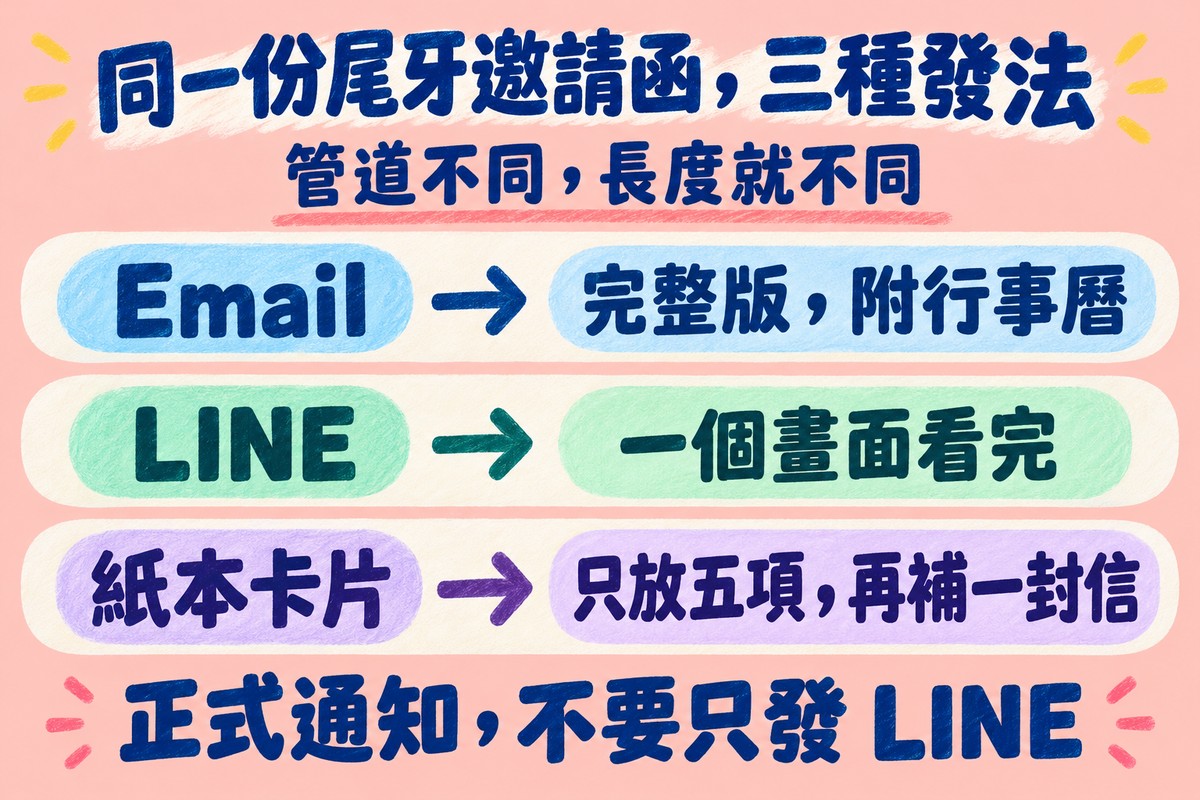 同一份尾牙邀請函三種發法的三列對照圖:Email 對應完整版、附行事曆,LINE 對應一個畫面看完,紙本卡片對應只放五項、再補一封信;上方寫管道不同,長度就不同,下方寫正式通知,不要只發 LINE