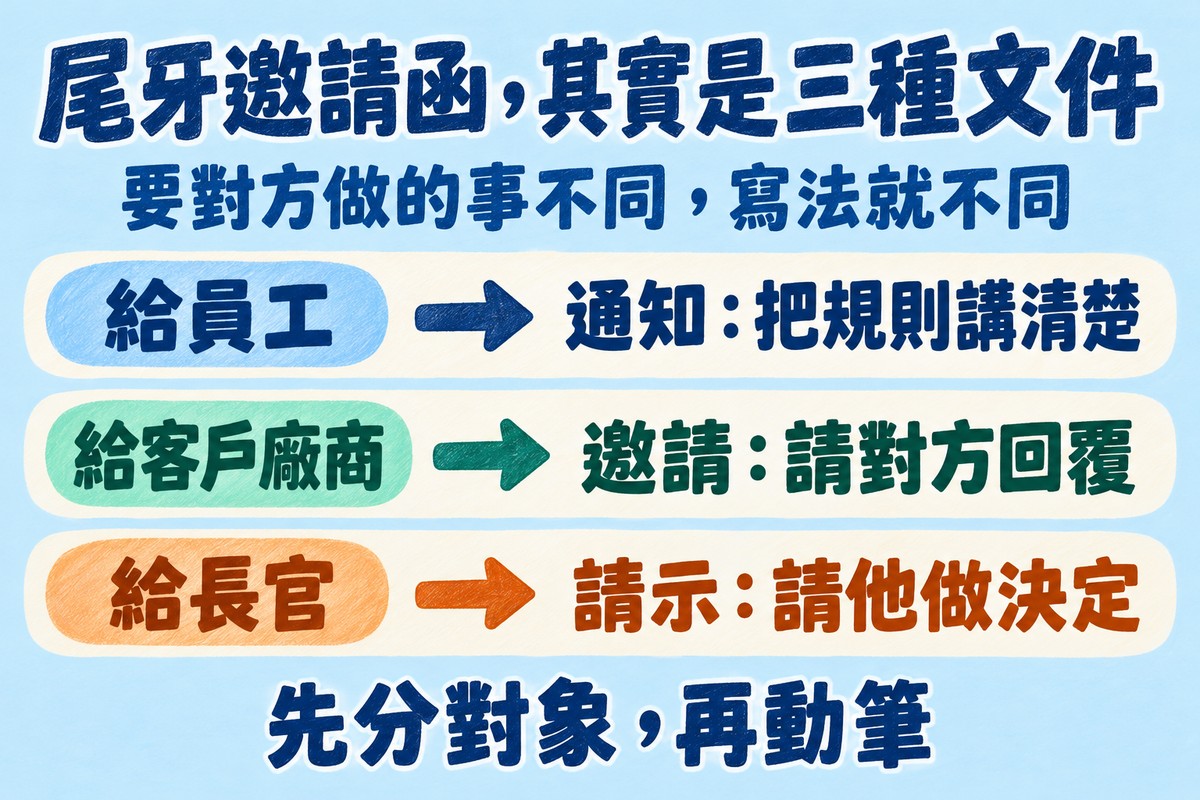 尾牙邀請函其實是三種文件的三列對照圖:給員工對應通知、把規則講清楚,給客戶廠商對應邀請、請對方回覆,給長官對應請示、請他做決定;上方寫要對方做的事不同,寫法就不同,下方寫先分對象,再動筆