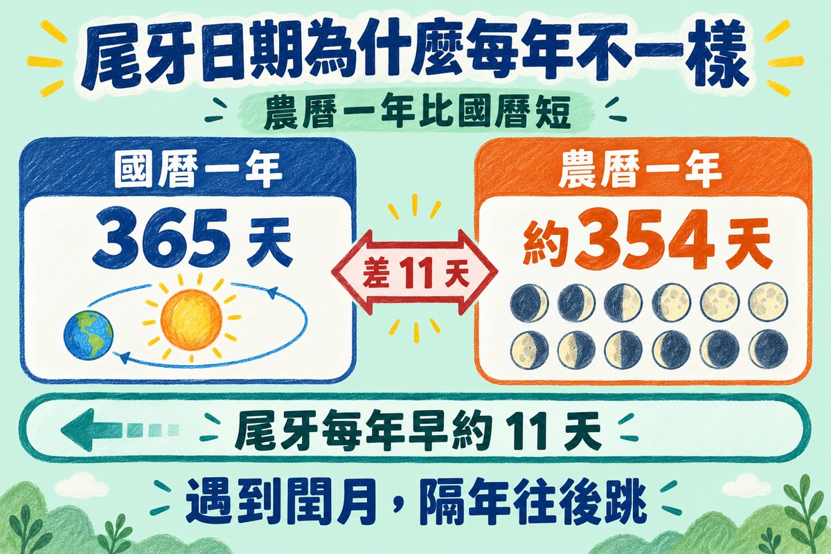 尾牙日期為什麼每年不一樣的左右對照圖:左邊國曆一年 365 天,右邊農曆一年約 354 天,中間標出差 11 天;下方橫條寫尾牙每年早約 11 天,最下面寫遇到閏月,隔年往後跳
