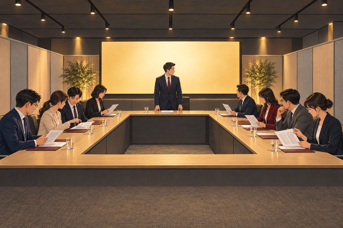 會議開始前，與會者圍坐會議桌翻看手上的議程，主席在前方準備宣布開會