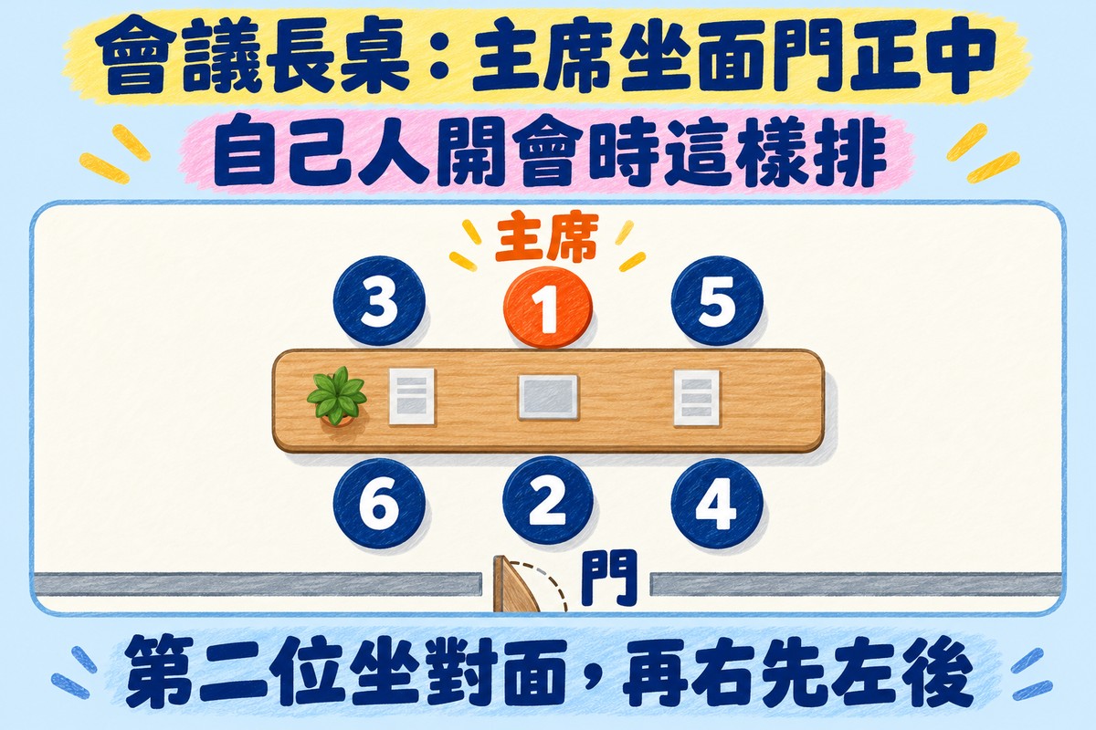 會議長桌的俯視座位圖:長桌上方(離門遠的一側)由左到右是 3 號、1 號、5 號,1 號在正中、標示主席;長桌下方(靠門的一側)由左到右是 6 號、2 號、4 號,2 號正對著 1 號;圖的最下方畫了門。標題寫會議長桌:主席坐面門正中,副標寫自己人開會時這樣排,下方寫第二位坐對面,再右先左後