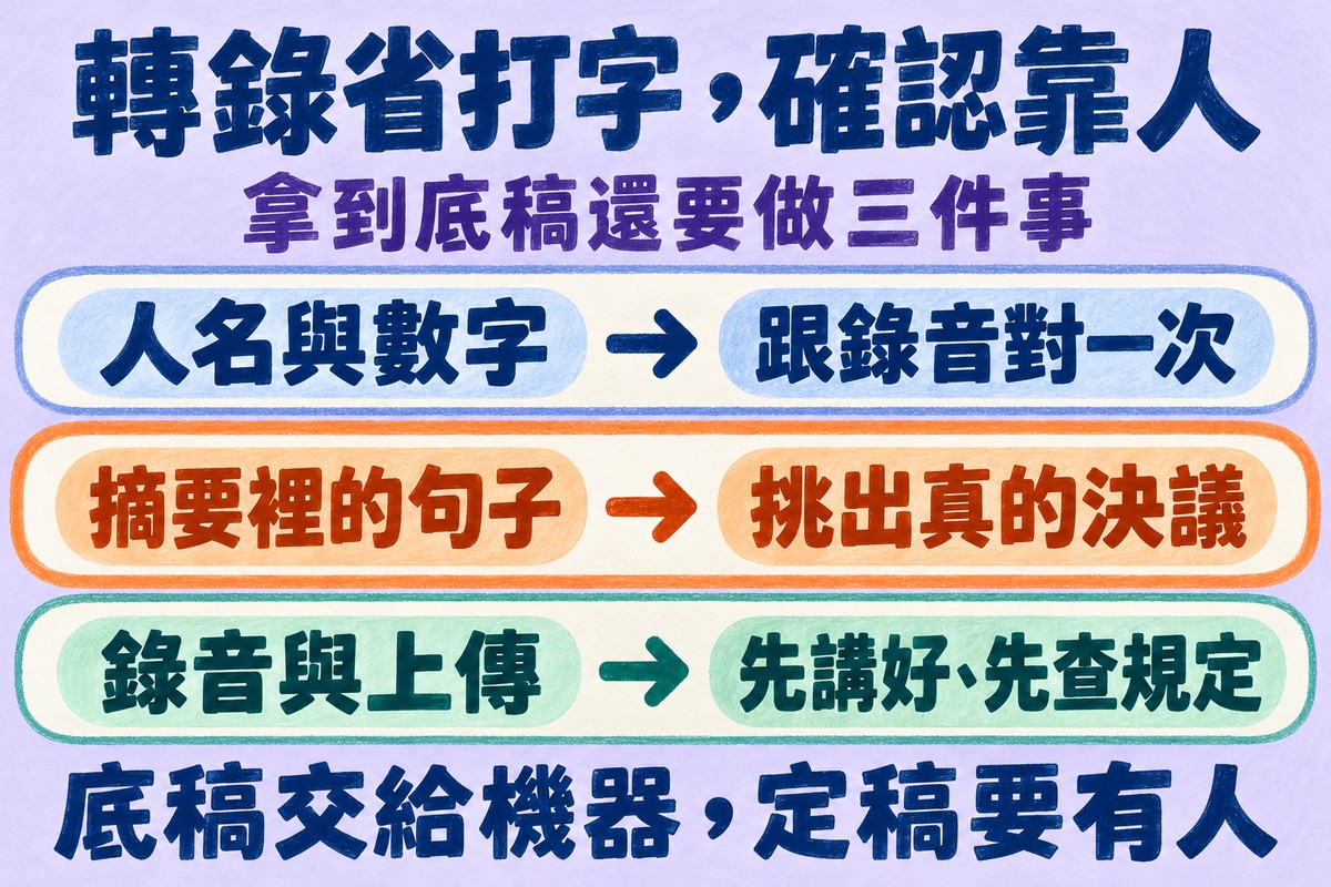 用轉錄底稿整理會議記錄要做三件事:轉出來的人名與數字跟錄音對一次,從摘要裡挑出真的決議,錄音與上傳先講好、先查公司規定