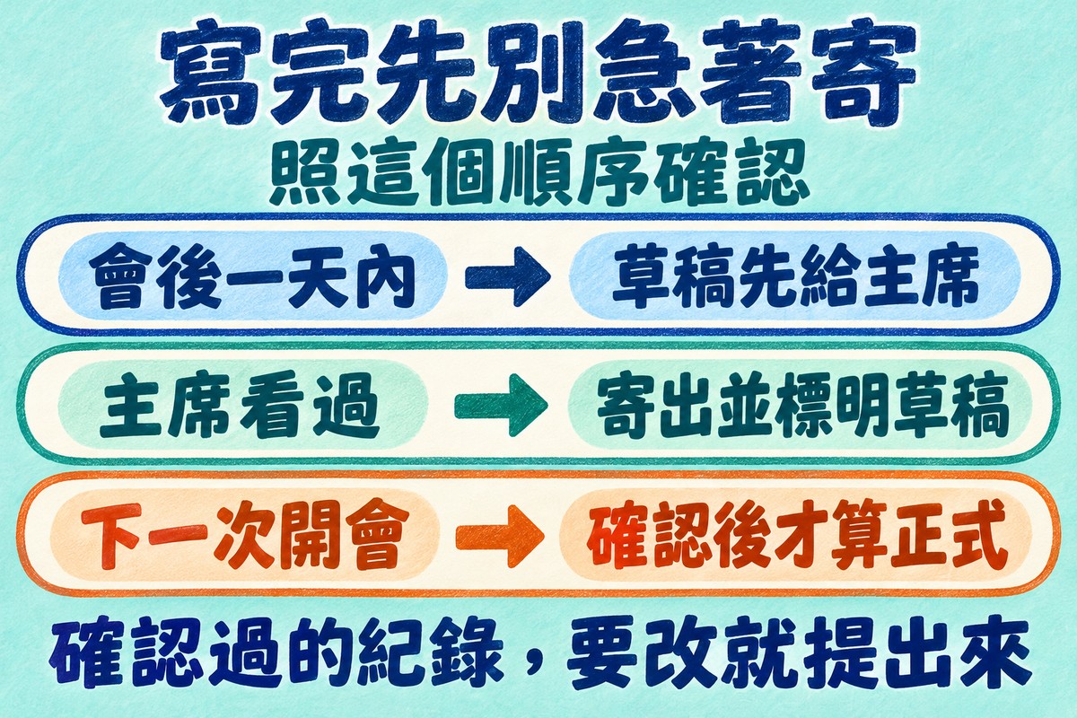 會議記錄寫完的確認順序:會後一天內草稿先給主席,主席看過再寄給與會者並標明草稿,下一次開會確認後才算正式