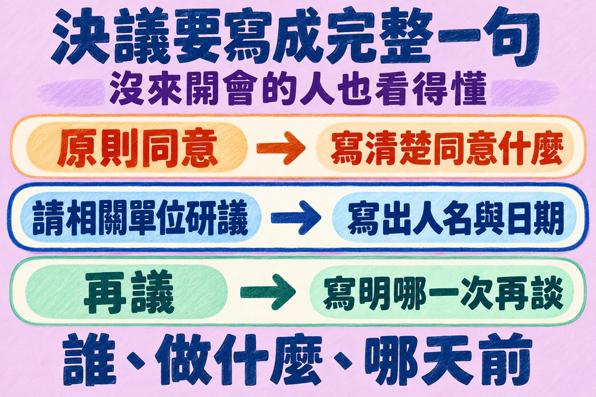 會議記錄的決議要寫成完整一句:原則同意要寫清楚同意什麼,請相關單位研議要寫出人名與日期,再議要寫明哪一次再談