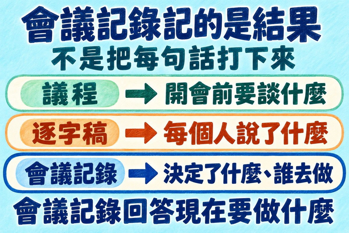 會議議程、逐字稿與會議記錄的差別:議程是開會前要談什麼,逐字稿是每個人說了什麼,會議記錄是決定了什麼、誰去做