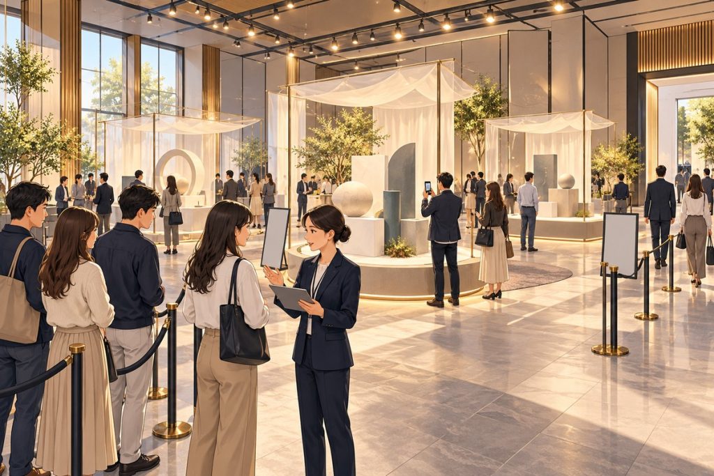 室內快閃活動開幕當天的插畫：前景一位工作人員拿著平板向紅龍柱旁排隊的來賓說明，後方是三座掛著白色布幔的臨時展示島，有人在拍照、有人在參觀