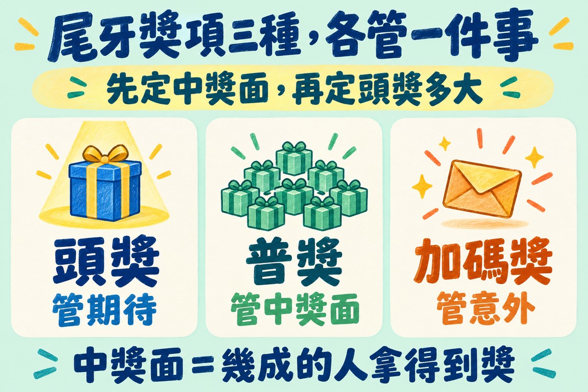 尾牙獎項三種各管一件事的三格圖解:頭獎管期待,普獎管中獎面,加碼獎管意外;上方寫先定中獎面,再定頭獎多大,下方寫中獎面等於幾成的人拿得到獎