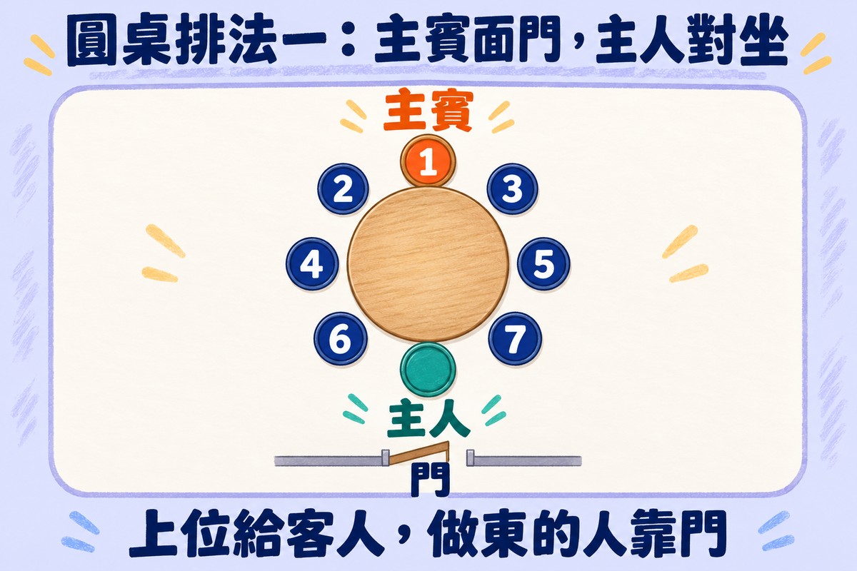 八人圓桌的俯視座位圖:最上方(離門最遠)是 1 號、標示主賓,最下方靠門的位子標示主人、沒有號碼;左側由上到下是 2 號、4 號、6 號,右側由上到下是 3 號、5 號、7 號;圖的最下方畫了門。標題寫圓桌排法一:主賓面門,主人對坐,下方寫上位給客人,做東的人靠門
