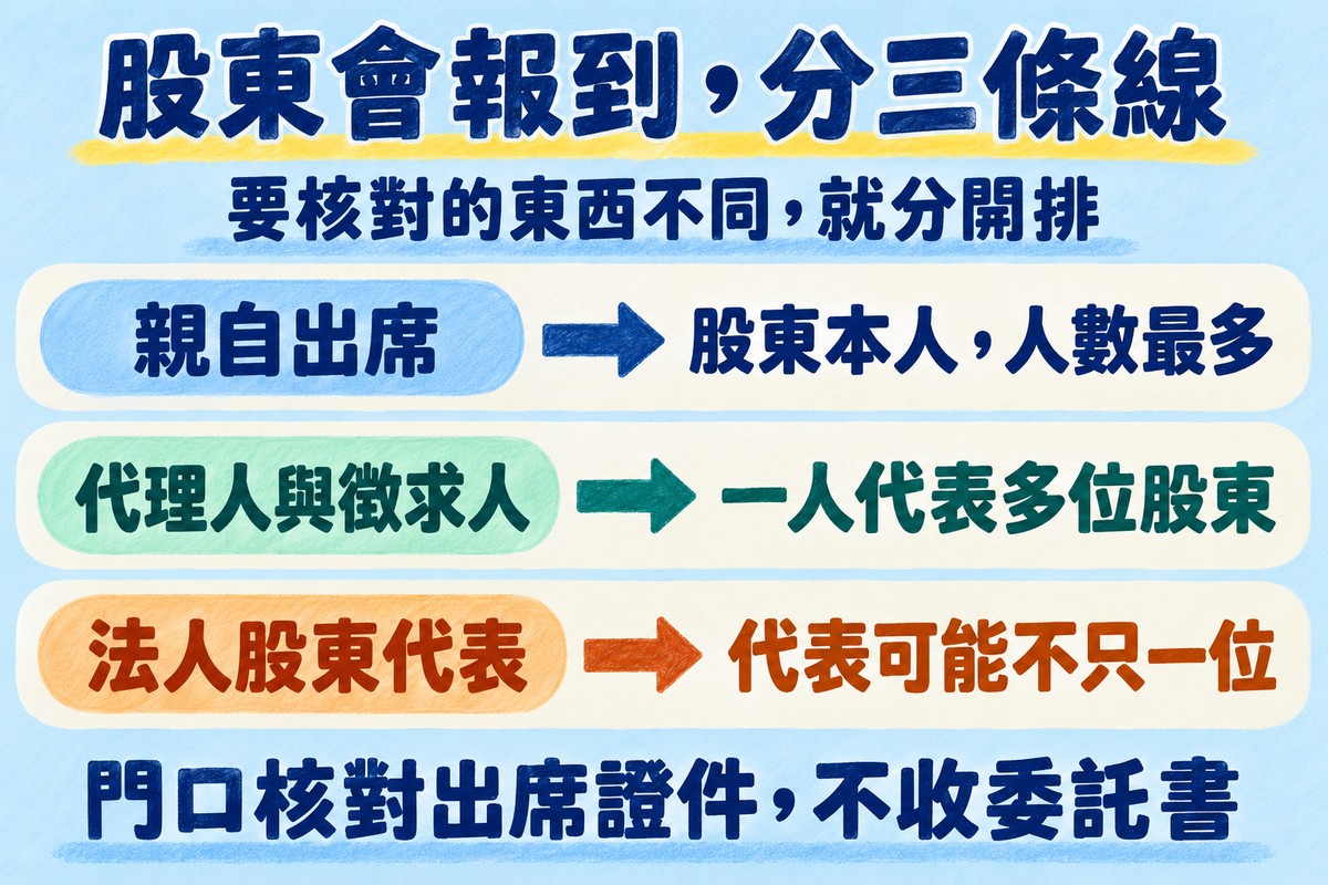 股東會報到分三條線的三列對照圖:親自出席對應股東本人、人數最多,代理人與徵求人對應一人代表多位股東,法人股東代表對應代表可能不只一位;上方寫要核對的東西不同,就分開排,下方寫門口核對出席證件,不收委託書