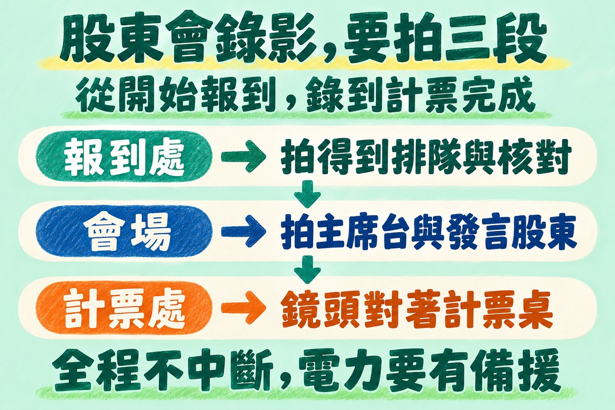 股東會錄影要拍三段的流程圖,由上到下三列用箭頭相連:報到處要拍得到排隊與核對,會場要拍主席台與發言股東,計票處的鏡頭對著計票桌;上方寫從開始報到,錄到計票完成,下方寫全程不中斷,電力要有備援