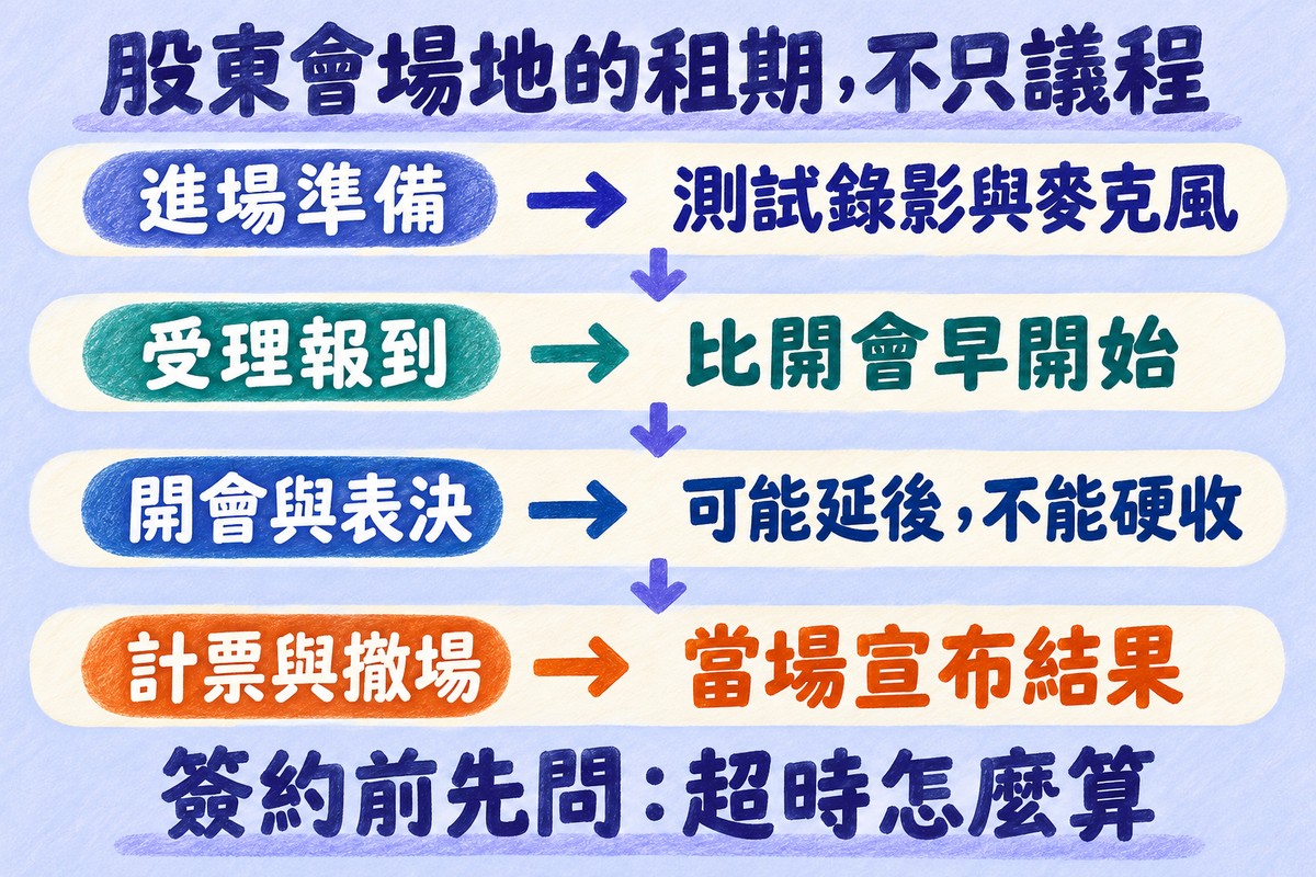股東會場地的租期不只議程的四列流程圖,由上到下用箭頭相連:進場準備時測試錄影與麥克風,受理報到比開會早開始,開會與表決可能延後、不能硬收,計票與撤場要當場宣布結果;最下方寫簽約前先問:超時怎麼算