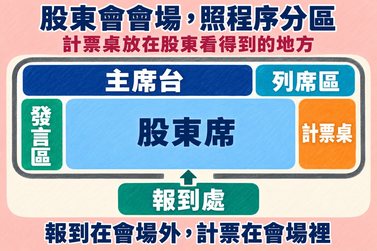 股東會會場分區的俯視示意圖:會場上方是主席台,右上角是列席區,中間最大的一塊是股東席,左側是發言區,右側是計票桌,會場門外下方是報到處,有箭頭從報到處穿過門口進入會場;上方寫計票桌放在股東看得到的地方,下方寫報到在會場外,計票在會場裡