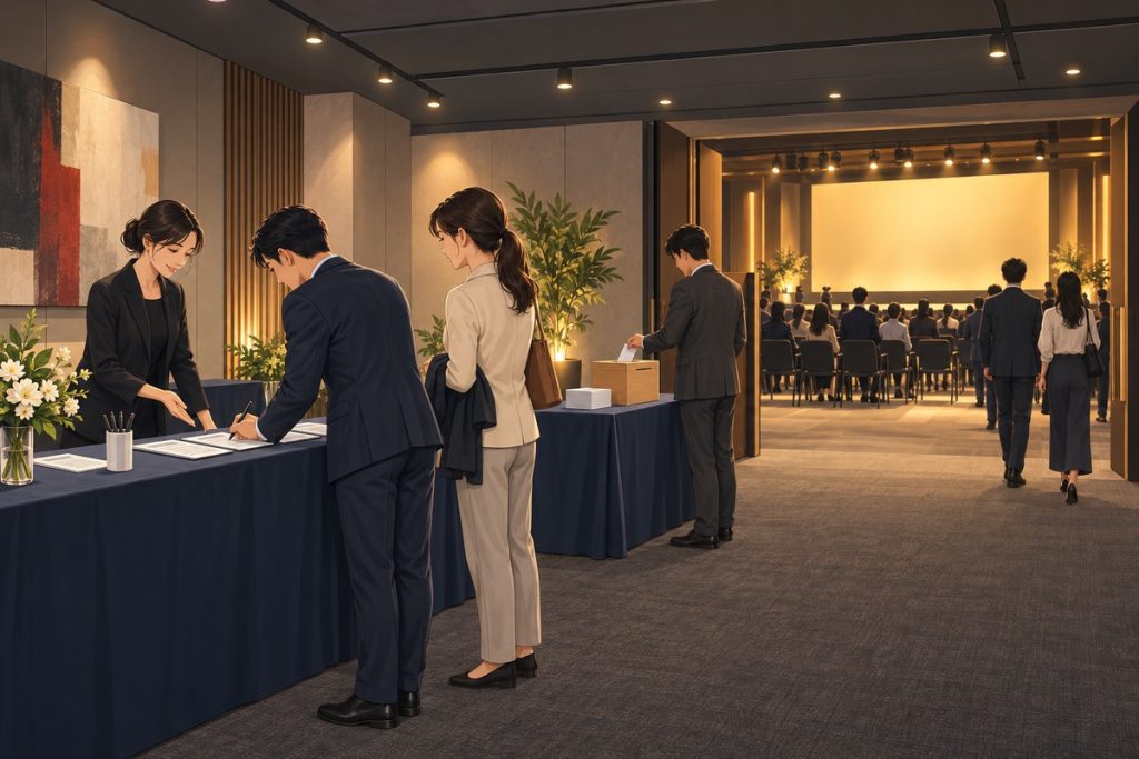 來賓在報到桌的簽名頁上簽名，旁邊另設聯絡資料投遞盒