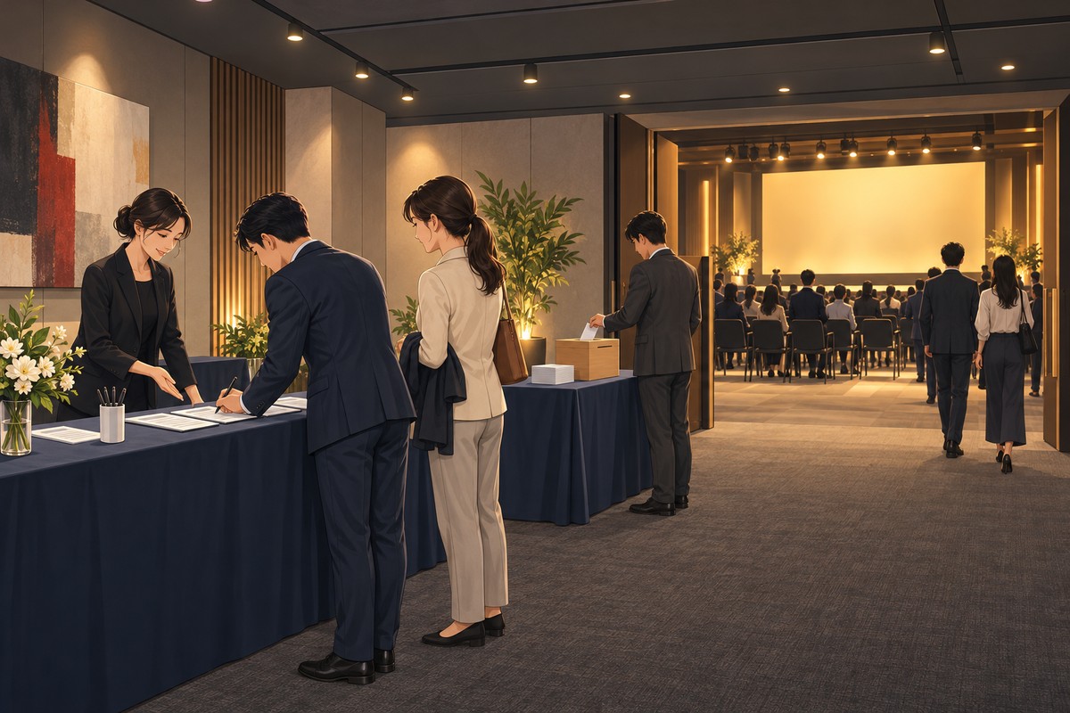 來賓在報到桌的簽名頁上簽名，旁邊另設聯絡資料投遞盒