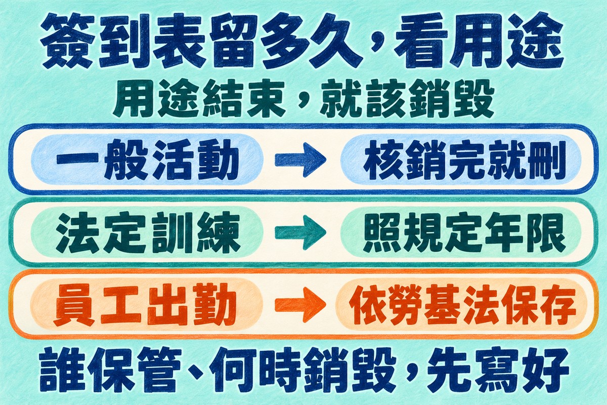 簽到表保存多久看用途:一般活動、法定訓練、員工出勤