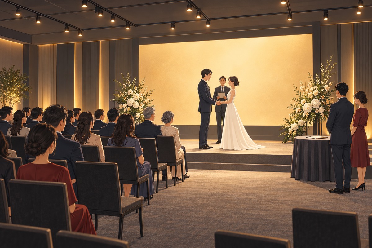 證婚儀式上新人轉身相對說誓詞，證婚人站在後方，親友坐在台下見證