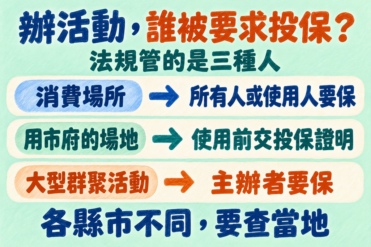 辦活動,誰被要求投保的三列對照圖:消費場所對應所有人或使用人要保,用市府的場地對應使用前交投保證明,大型群聚活動對應主辦者要保;上方寫法規管的是三種人,下方寫各縣市不同,要查當地