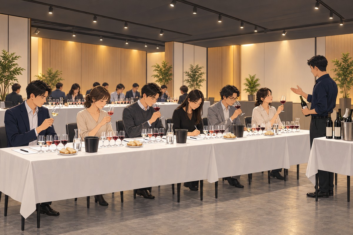 地下樓層活動場地裡的品酒會：白桌布上每人一排四個品酒杯，各倒一小口白酒、粉紅酒與紅酒，桌上有水壺、麵包與吐酒桶，主持人在桌邊說明