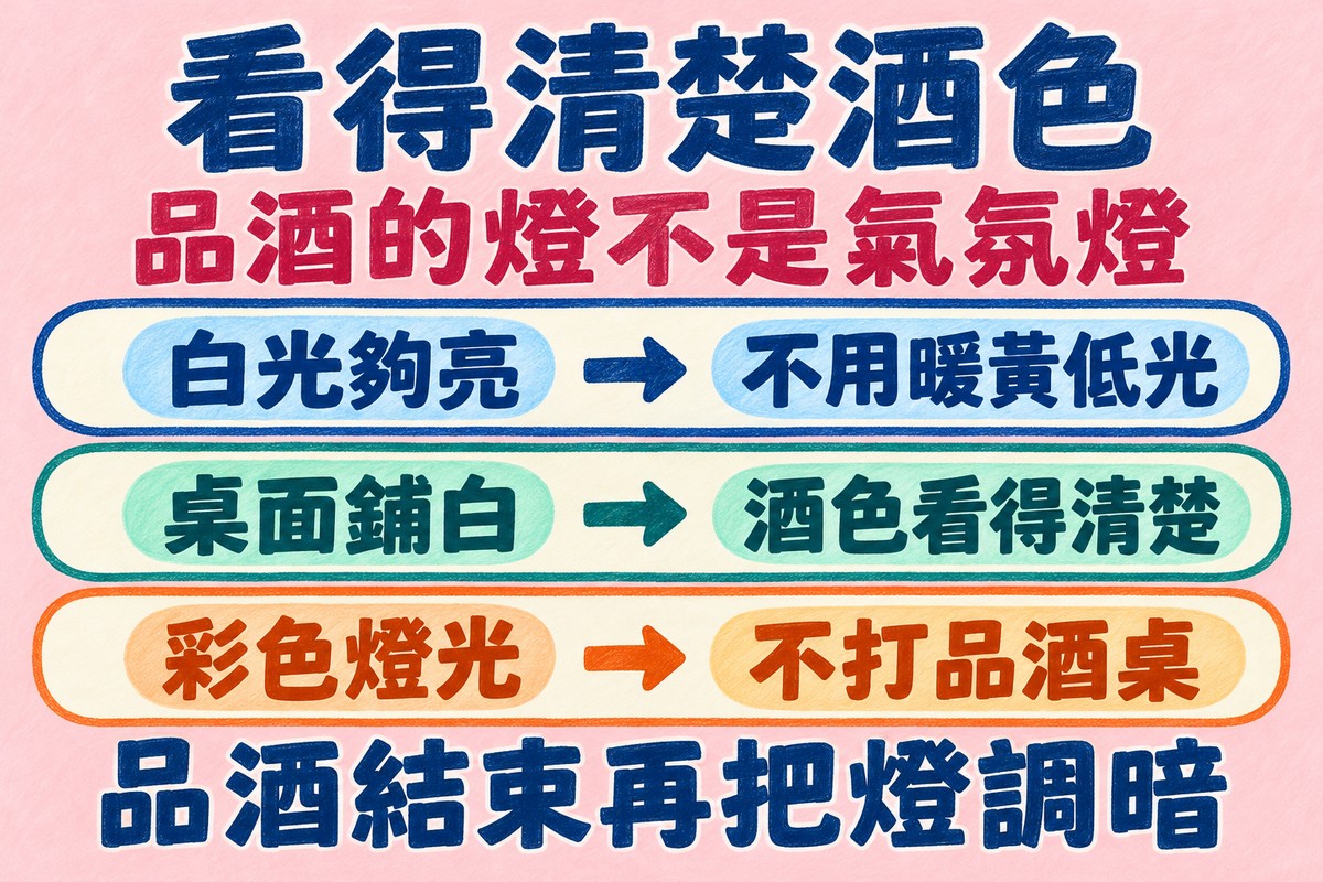 品酒會場地的光線要看得清楚酒色:白光夠亮、不用暖黃低光,桌面鋪白讓酒色看得清楚,彩色燈光不打在品酒桌上,品酒結束再把燈調暗