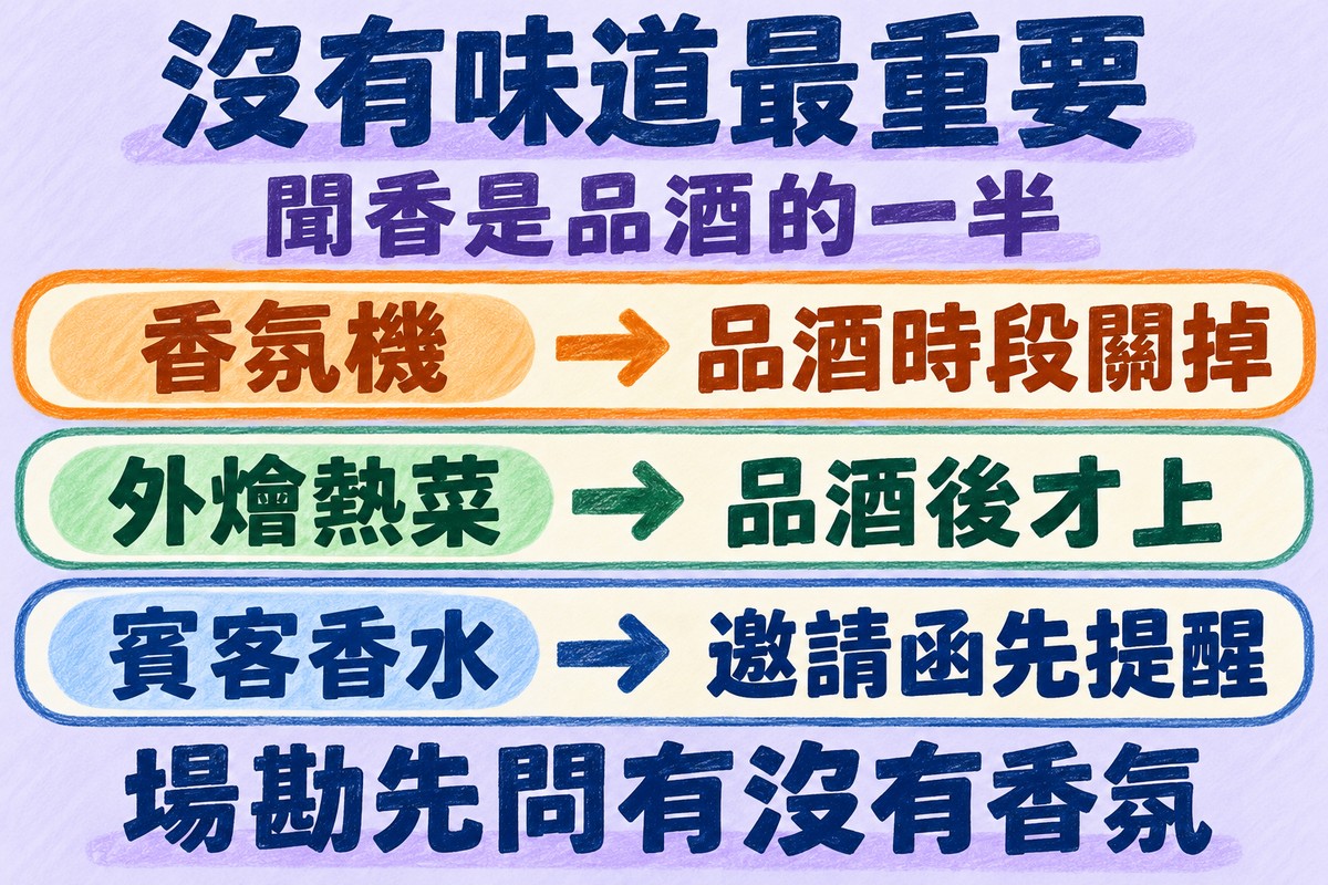 品酒會場地沒有味道最重要:聞香是品酒的一半,香氛機在品酒時段關掉,外燴熱菜等品酒後才上,賓客香水在邀請函上先提醒,場勘時先問有沒有香氛