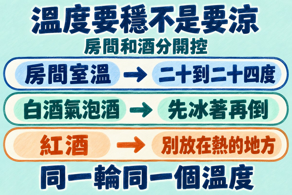 品酒會的溫度要穩不是要涼:房間室溫維持二十到二十四度,白酒與氣泡酒先冰著再倒,紅酒別放在熱的地方,同一輪的酒在同一個溫度下喝