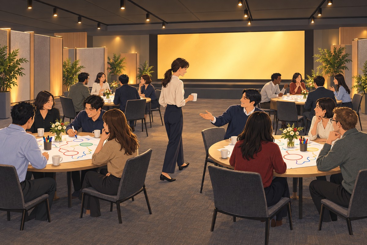 活動場地裡擺著幾張小圓桌，每桌四、五人在鋪紙的桌面上邊談邊畫，一位與會者端著杯子走向另一桌