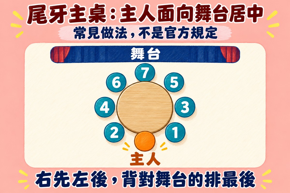 尾牙主桌的俯視座位圖:最上方是舞台;舞台下方一張八人圓桌,離舞台最遠、面向舞台的位子標示主人、沒有號碼;右側由下到上是 1 號、3 號、5 號,左側由下到上是 2 號、4 號、6 號,最靠近舞台、背對舞台的位子是 7 號。標題寫尾牙主桌:主人面向舞台居中,副標寫常見做法,不是官方規定,下方寫右先左後,背對舞台的排最後